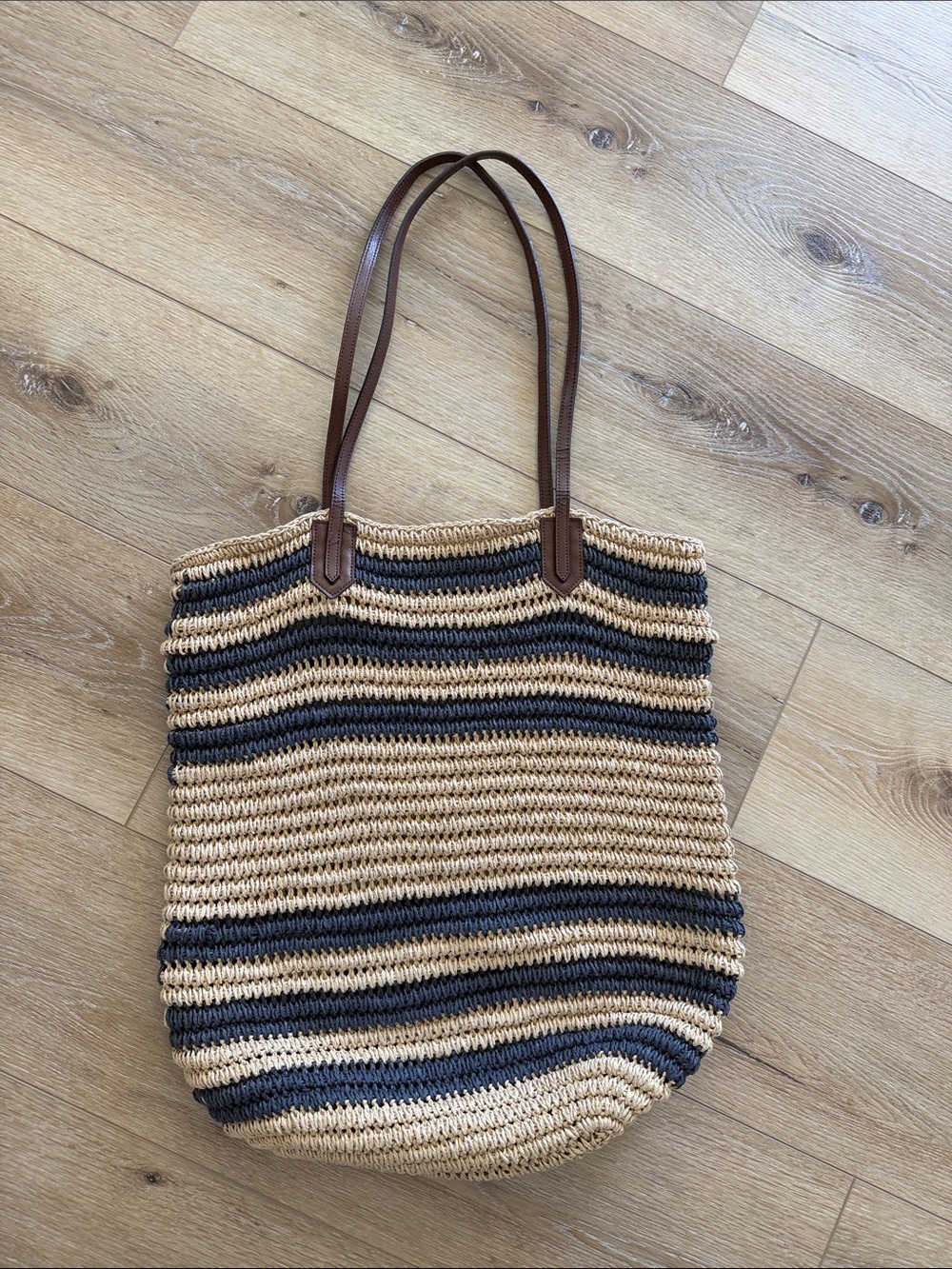 J. Crew Striped Crochet Woven Tote in Natural and Dark Blue with Brown Straps